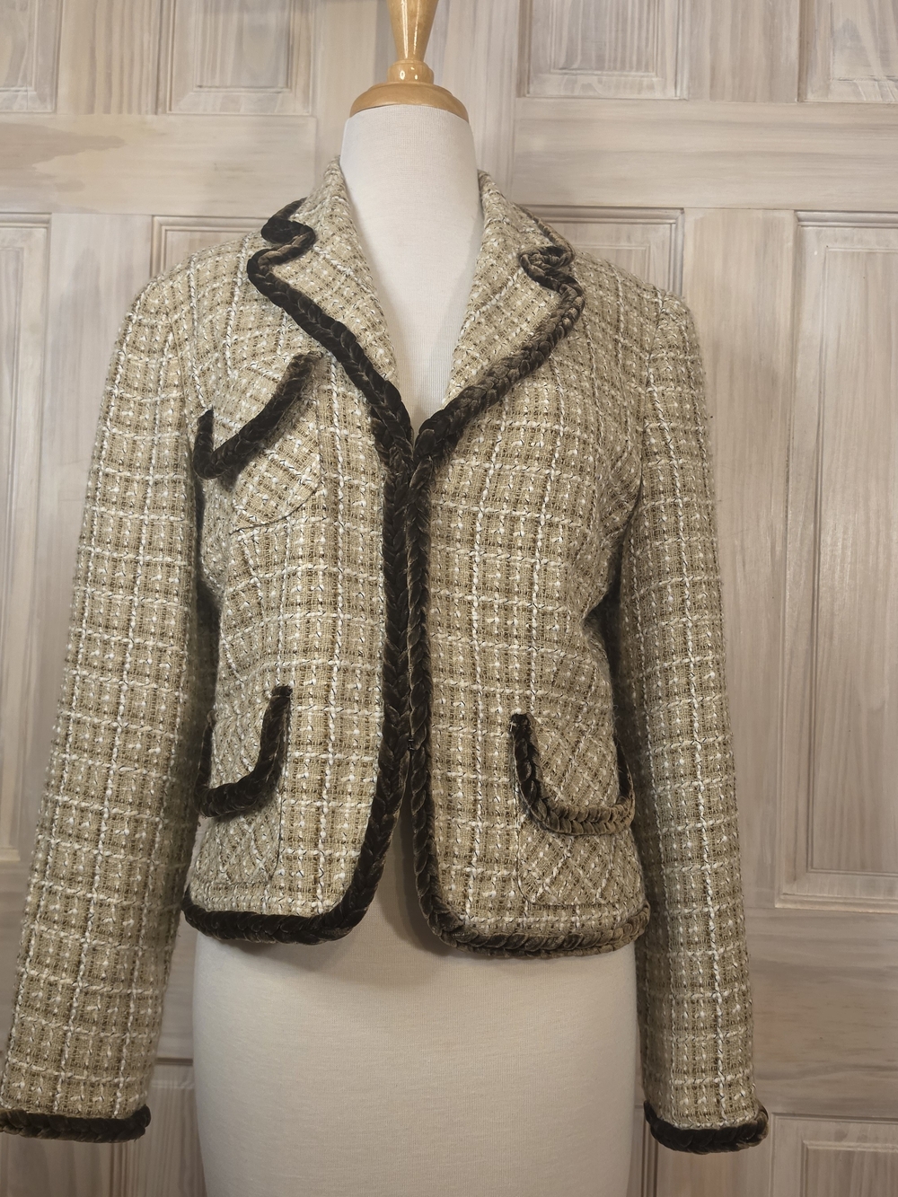 Allen B. By Allen Schwartz Cream Tweed Jacket with Brown Braided Trim In Size 10